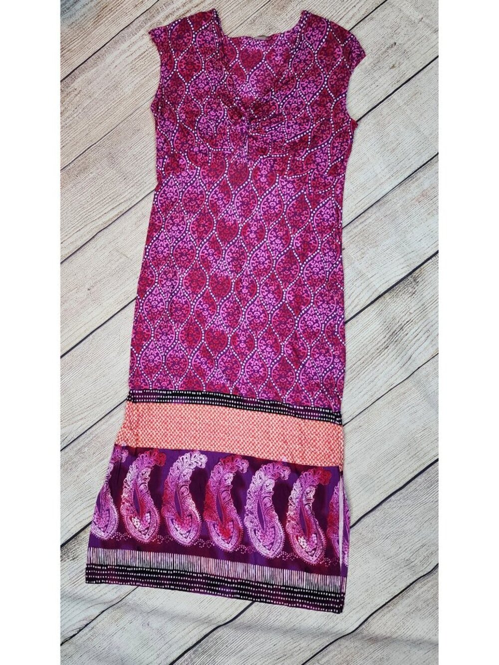 Chico's Vibrant Pink Purple Knot Front Paisley Maxi Dress Size 2 (12/14) Boho - Picture 9 of 12